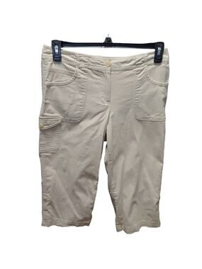Izod Womens Cargo Capri Pants Khaki Size 8 Cotton Blend Cargo Stretch Button Zip